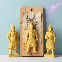 yellow wooden chinese warriors, wooden board, manuscript, chateau, nordic pastel colors, perfect lightning
