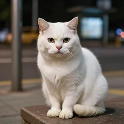 Photo of a fat white cat waiting at a bus station at night Canon EOS 5D