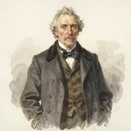 portrait of a character standing and facing front looking strait ahead with a muted color watercolor sketch of story book character ifrom the book Baltimore & Redingote by Jean-Baptiste Monge of an old man in the style of by Jean-Baptiste Monge that looks like its by Jean-Baptiste Monge and refencing Jean-Baptiste Monge