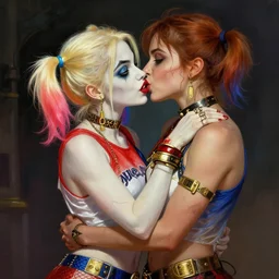 poison ivy and harley quinn smooching, digital painting, trending on artstation, by artgerm and greg rutkowski and alphonse mucha