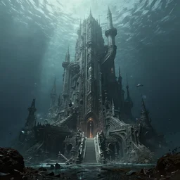 post apocalyptic futuristic landscape of a giant underwater underwater castle, intricate art, low contrast, hdr, panoramic photo, by sergey vasnev, artstation