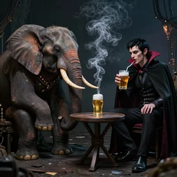apocalyptic, an elephant and a vampire and a magician being best friends and drinking a beer together. smoke. volumetric lighting, sharp focus, ultra detailed, cgsociety - w 1 0 2 4 - n 8 - i