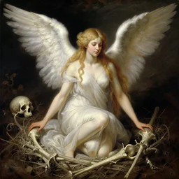 full body portrait of seraphim queen squatting in her nest of bones, highly detailed painting by gaston bussiere, craig mullins, j. c. leyendecker, 8 k, mid shot