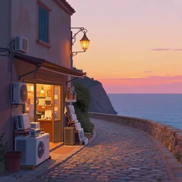 a lonely cobblestone street with a business selling electrical appliances, a lantern, on a cliff over the sea at sunset, artstation, colorful maurice noble concept art, by peter chan