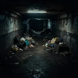 dark, dirty, underground metro, abandoned, creepy, piles of trash and junk, low brightness, cinematic lighting