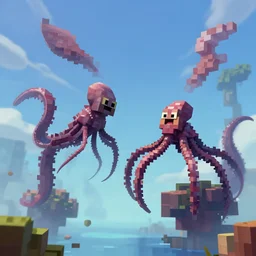 giant squids battling in the sky, minecraft, artstation, highly detailed