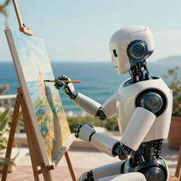 an high resolution photo of a robot paiting a picture on a terrace over the see, hyper detailed, phoyography, realistic, art, 8 k, unreal engine, cinematic, shallow focus, f 2. 8 3 5 mm, kodak film, 3 5 mm film