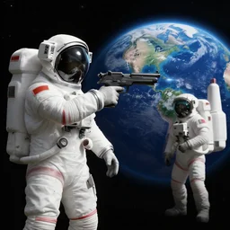 astronaut aims a gun at a second astronaut, with earth in the background, unreal engine 5, dark space