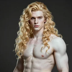 the latest blond male beefcake from league of legends, extremely pale white skin and long fluffy blond curly hair, 4K, artstation