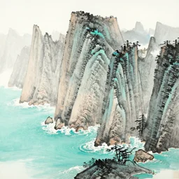 intricately detailed, soaring mountain peaks, turquoise ocean, white waves, chinese painting style, ink painting, ink landscape painting