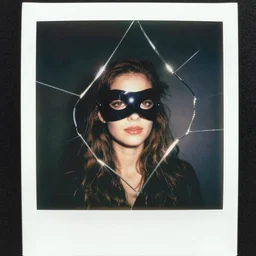 polaroid of a woman in a mask broken mirror