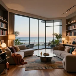 wide angle photograph, atmospheric, beachfront view, large open windows, reflections, award winning contemporary modern interior design city apartment, living room, cozy and calm, fabrics and textiles, colorful accents, brass and copper, many light sources, lamps, oiled hardwood floors, book shelves, couch, desk, plants