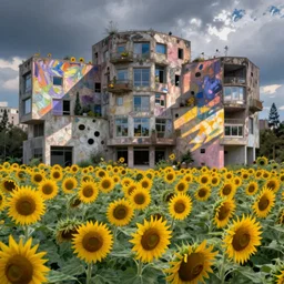 a brutalist plaza blooming with sunflowers, monet