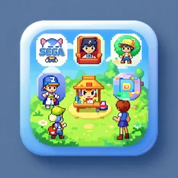 award winning. best of the year. appealing visual presentation. square with round beveled edges. glossy. digital art. character, scene, situation, setting. homescreen app icon. pixel - art iphone android phone app icon. designed by the artists at sega, nintendo, namco, capcom, sony, xbox, microsoft, apple, google play store.