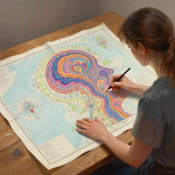 a painting of a lady cartographer looking over a large paper map of psychedelic human consciousness. the map is resting on a wooden table. digital art painting featured on artstation