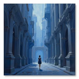 hyperrealistic and beautiful painting of an alley way within a lofty city, lonely woman in a dress walking, classical architecture, cyberpunk style, 8 k resolution, by hugh ferris and john smith, polished, fine detail, intricate, blue color scheme, cyberpunk style, smooth, octane, concept art, trending on artstation
