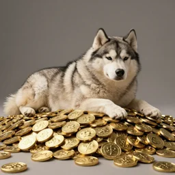 fat husky resting atop a horde of golden coins, fantasy concept art by rebecca guay