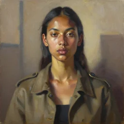 portrait in daring femininity, ethnic, realistic face chiseled features, urban outfit with jacket and buckles, warm glow, bathed in light, chiaroscuro, specular highlights, angular impressionism, radiosity, natural color scheme, earthy tones, modern fashion, contemporary art, oil on canvas