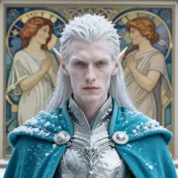 a close - up portrait of an androgynous handsome male snow elf in a turquoise cape and silver armour, albino skin, winter vibes, elegant, very coherent symmetrical artwork, by tomasz alen kopera and alphonse mucha and charlie bowater, photorealistic, sharp focus, octane render, rtx, hdr, unreal 5, trending on artstation