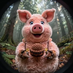 miss piggy with truffles, trailcam footage, lofi, closeup, fisheye lens, forest haze