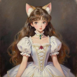 princess with cat ears, wearing a lovely dress. this oil painting by the award - winning mangaka has impeccable lighting, an interesting color scheme and intricate details.