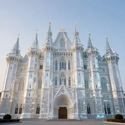 a majestic castle exterior at the dawn of time, in a symbolic and meaningful style, symmetrical, glass paint, overglaze, ornament, photojournalism, wide angle, perspective, double - exposure, light, massive scale, perfectionism, soft lighting, global illumination, translucid luminescence, crystalline,