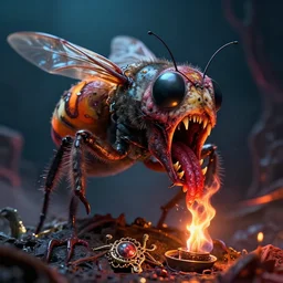 airbrush macro insect god viscera, yaw, rotting jewelry, chris foss alberto bontempi, feng zu hyper realism, narrative light, neon ember colors, epic, hyper detailed, awe inspiring, award winning horror, torch lighting, hyper realism, cinematical