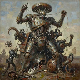 oil paint of flayed god machines, tiers of cluster battle chaos, intricately macerated by age, sentient, dethroned goliath machine whipping blood turbines, hydrocracking battles, rusted, macerated, eviscerated by fimbria wires, bicornate fungal pit, trash patina sheen rotting, by alberto bontempi, alex ross, shigeru
