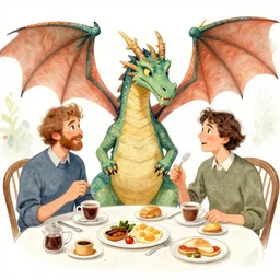 beautiful Peter Mohrbach and Mark Keathley illustration of a breakfast dragon