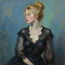 hyperrealism oil painting of a blonde woman wearing an evening dress, black transparent lace, messy bun hairstyle, delicate face, looking away, cinematic, intricate details and textures, soft lighting, epic pose, in front of a blue - green wall, by artgerm, greg rutkowski, alphonse mucha, jeremy lipking, 8 k