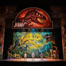 photo of a huge theaterstage, play is jurasic park, 3 actors on stage, 8 k, multicolored, exaggerated detailed, long shot