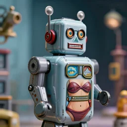 highly detailed closeup, profile portrait of a tin toy 1 9 5 0 s robot spaceport, bikini, unreal engine, nicoletta ceccoli, mark ryden, earl norem, lostfish, global illumination, detailed and intricate environment