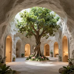 secret overwatch common area carved inside a cave, doors to various living quarters, magical, natural light, huge central tree, flowers, candle light, cinematic lighting, clean lines, cozy, fantasy, minimalist architecture, sharp focus, concept art, octane render 4 k, artstation, by greg rutkowski