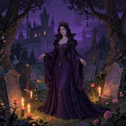 beautiful woman, Queen of the ghosts, old cemetery, candles, castle in the background, trees, creepers, beautiful flowers, night, warm atmosphere, purple color,  colorfully, full body shot, detailed illustration, digital art, overdetailed art, concept art, Sylvain Sarrailh, Greg Rutkowski, trending on artstation