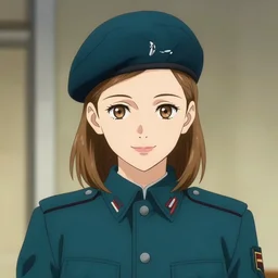 portrait bust of young woman with shoulder - length light brown hair and hazel eyes dressed in a sharp dark teal military uniform with beret, smiling, ilya kuvshinov, anime, loish, ross tran