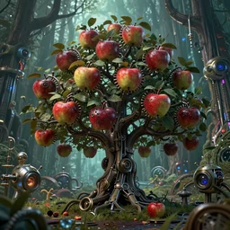 tree with intricate mechanical apples, on the background of a weird magical mechanical forest. Very detailed 8k. Fantasy cyberpunk horror. Sharp. Cinematic post-processing
