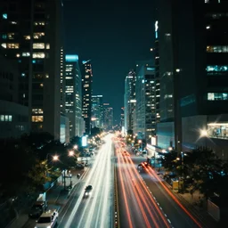 photo of a cyberpunk city at night, long exposure photograph, light streaks, lens flare, 4k, grainy