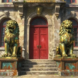 establishing shot, three point perspective, colossal brass lion statues, animation key shot of the great wing temple, ultra wide, red door, stone steps, symmetrical statues, sunlight, ornate, rust, art deco, european, versailles, metal rivets, by ghibli, shinji kimura, fantastic architecture, dry, dapple sunlight, back lit