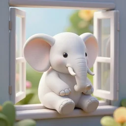 a 3d render of a miniature white elephant figure sitting next to an open window with floral serene environment outside, 4k, Realistic, detailed, trending on artstation, clay render, smooth shine texture