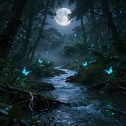 a dreamy landscape of a jungle river, moonlit night dreamy atmosphere, highly detailed twigs and plants in the forest, bioluminiscent butterflies in the fog in a bokeh background, deep colors, photorealistic digital arts, cinematic, smooth, artstation, 8K