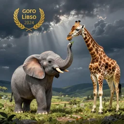 cute elephant playing wiht a giraffe, artwork by goro fujita,