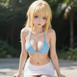 picture : a beautiful young blond anime girl, sky blue eyes, bikini, white miniskirt, highly detailed, cinematic wallpaper by stanley artgerm lau