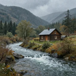 a river running past a cozy cabin in mountain side, heavy rain, atmospheric, classic painting, award winning, highly detailed