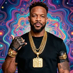 a high resolution photograph of joe rogan as mr. t wearing many gold chains with a psychedelic dmt background
