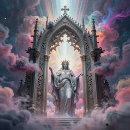 [ palate ] [ nebulous energy ] [ muted neon colors ] intricate giant gothic style portal to purgatory with paisley cloud formation, god at the gate, award winning composition, vibrant neon nebulous clouds, symmetrical details, hyper realistic illustration, radiant light rays, photorealistic illustration, intricate and fine details, volumetric lighting,