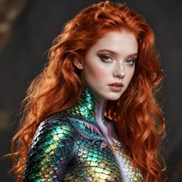 beautiful redhead looks like young winona ryder posing in dragon scale bodypaint, hyper realistic digital illustration, hd, intricate, depth of field, soft lighting, elegant, character design