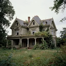 epic overgrown victorian mansioni in desolate conditions in beautiful landscape as an early 1975s photograph