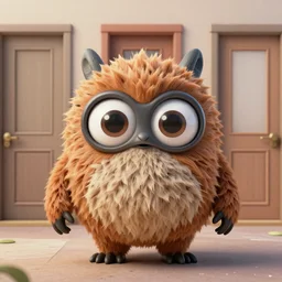 a large eyed furby called josie stares ahead,  in the background are a number of fake doors. 8k resolution, beautiful detailed, insanely intricate details