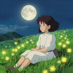 Chaika sitting in a field of Ghibli Clover | Big Moon at Night | GLOWING FLOWERS | strong blue rimlit | visual-key | anime illustration | highly detailed High Resolution | in the style of Fate Zero