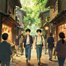 colored ink illustration, two friends walking down narrow ally through a crowd of people between futuristic wooden shopfronts, warm hazy lighting, forest canopy understory, cinematic lighting, octane render, digital art, highly detailed, artstation cgsociety masterpiece, by kim jung gi, studio ghibli, ric estrada, ron english and eiichiro oda